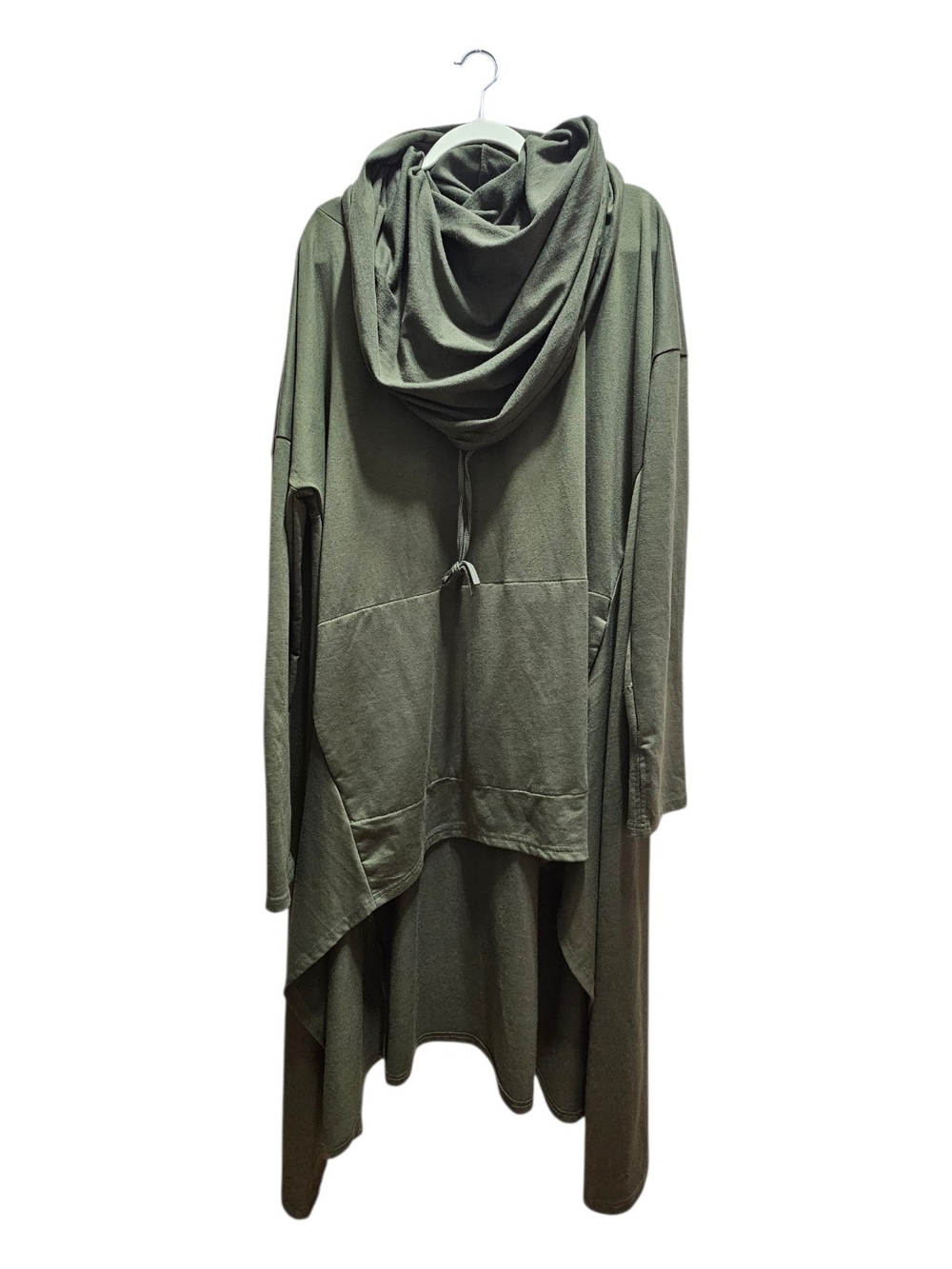 Oversized Asymmetric Cowl Neck Hoodie with Pockets & Thumbholes Olive